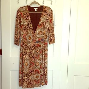 Faux wrap knit work & travel dress, paisley print
